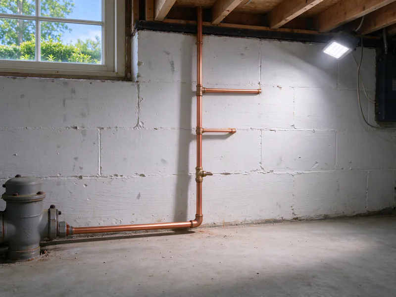 After: new copper pipe and a shutoff valve leaving the same water meter and climbing the same wall