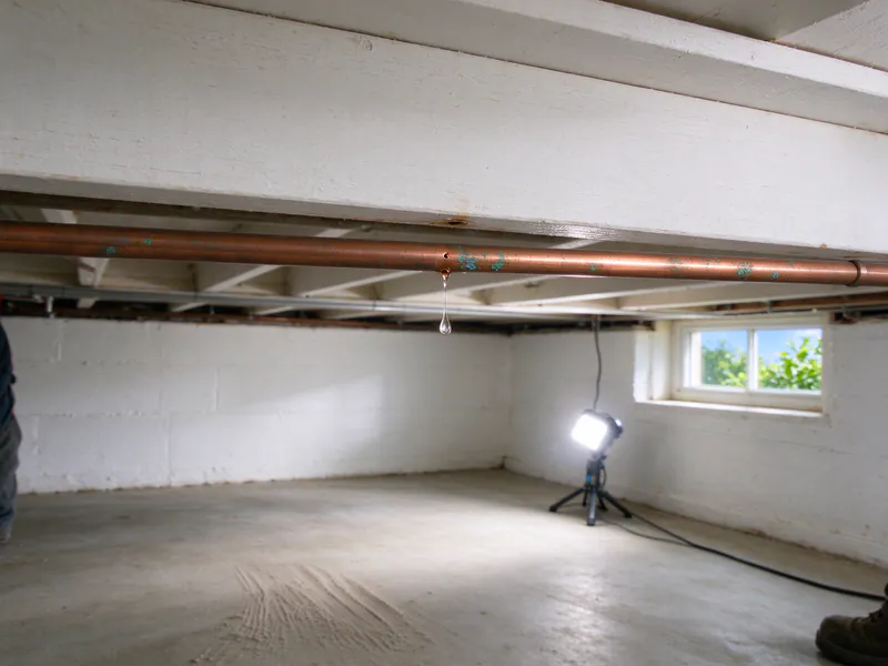 Bead of water dripping from a pinhole in a copper pipe with green corrosion spots under a basement ceiling, in a Columbus house