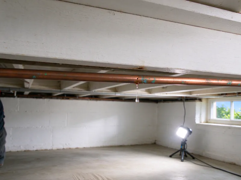 Bead of water dripping from a pinhole in a copper pipe with green corrosion spots under a basement ceiling, in an older Columbus home