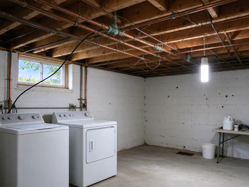 Before: old copper water pipes with green-crusted joints across a laundry basement ceiling