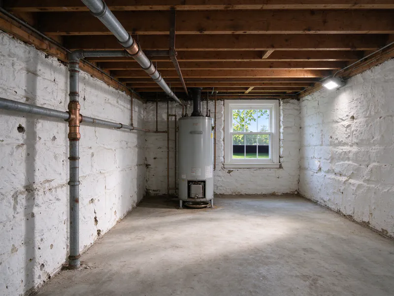 Before: old galvanized water pipes along the ceiling and walls of a white stone basement leading to the water heater