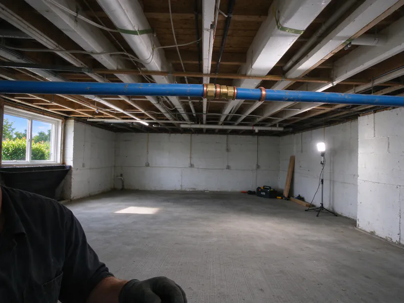 Blue PEX line across a basement ceiling with a short repair section joined by brass couplings, in a Columbus house