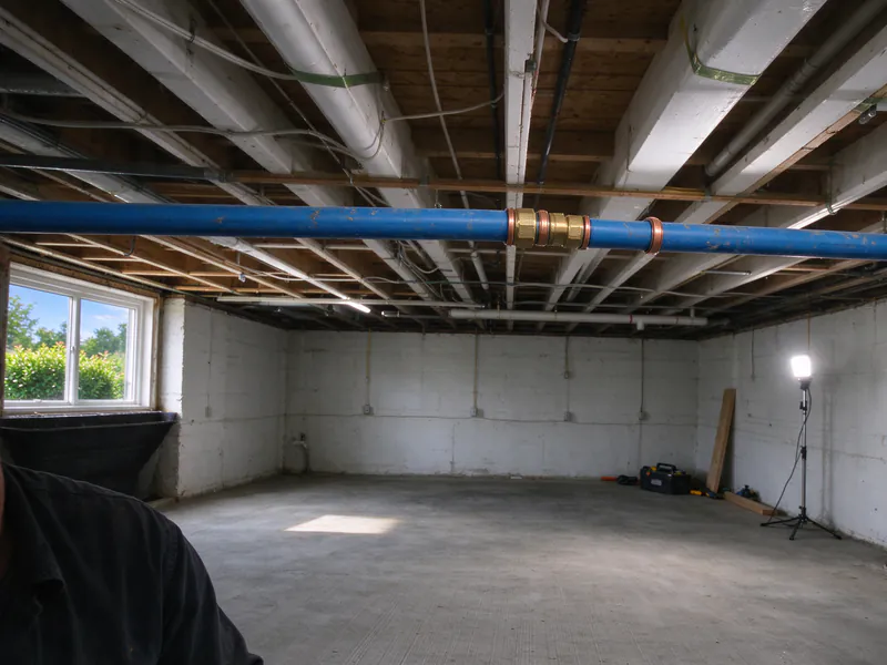 Blue PEX line across a basement ceiling with a short repair section joined by brass couplings, in an older Columbus home