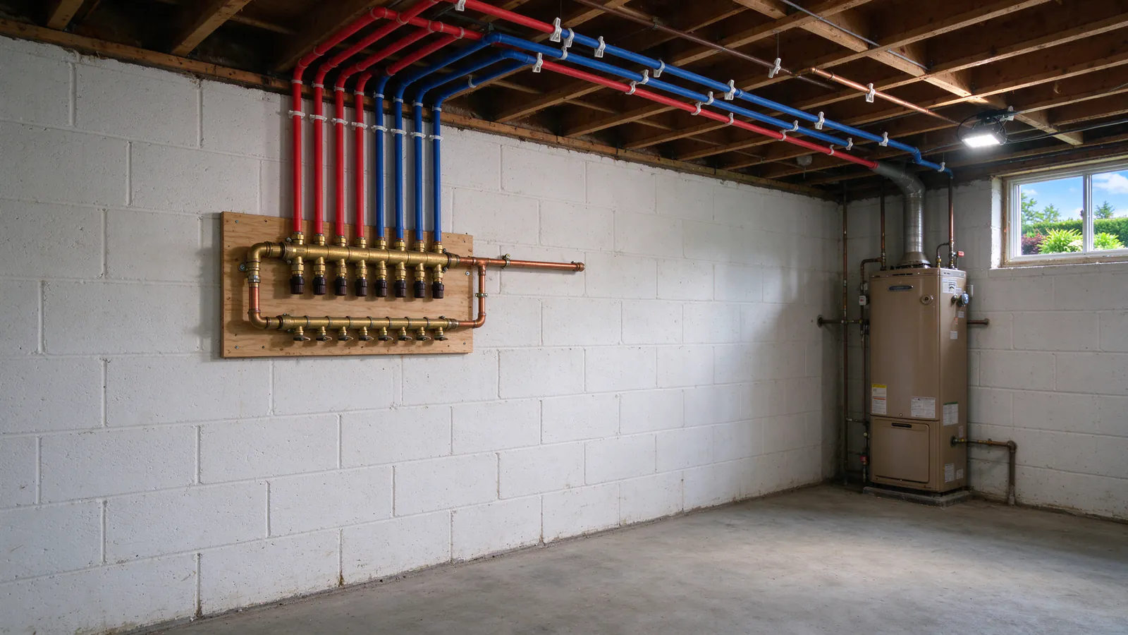 Red and blue PEX tubing clipped to basement joists, fanning out from a brass manifold mounted on a board beside a water heater