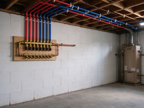 Red and blue PEX tubing clipped to basement joists, fanning out from a brass manifold mounted on a board beside a water heater