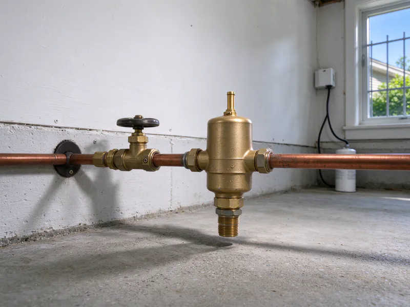 Brass pressure-reducing valve on a copper water main beside a gate valve near a basement wall, in a Columbus house