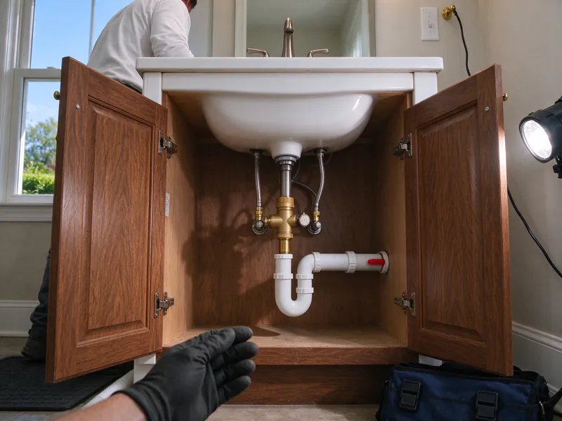 Brass recirculation valve connecting the hot and cold supply lines under a bathroom sink, in a Columbus house
