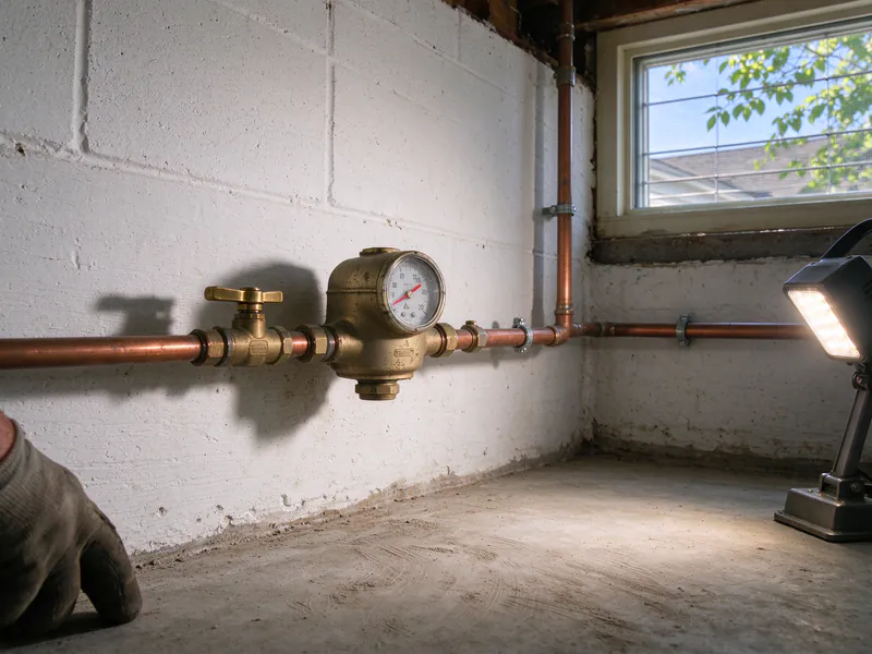 Brass water meter with a round dial on a copper line low on a white basement wall, a shutoff valve before it, in a Columbus house