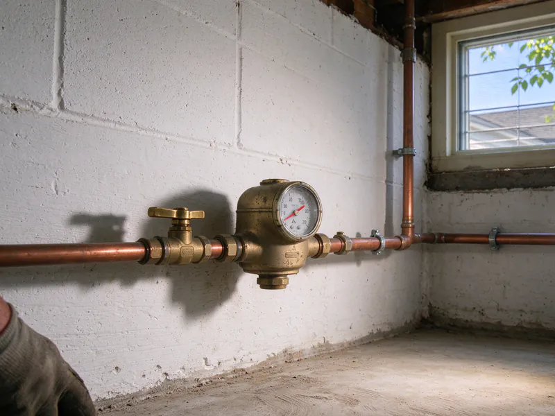 Brass water meter with a round dial on a copper line low on a white basement wall, a shutoff valve before it, in an older Columbus home