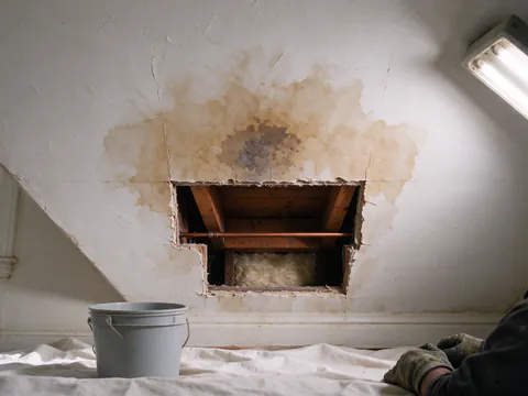 A brown water stain on a white plaster ceiling below an upstairs bathroom, with a small square access opening cut beside it