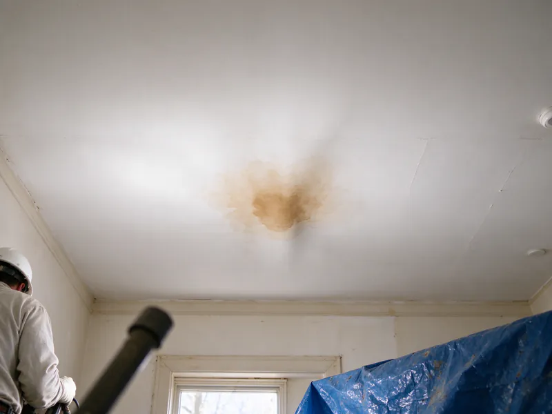 Brown water stain spreading on a white ceiling under a bathroom, in a Columbus house