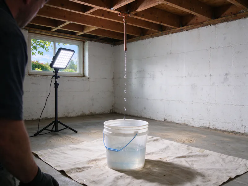 Bucket on a drop cloth catching water dripping from a copper fitting in a basement ceiling, in a Columbus house