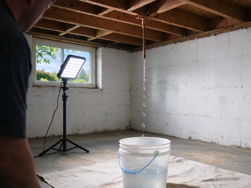 Bucket on a drop cloth catching water dripping from a copper fitting in a basement ceiling, in an older Columbus home