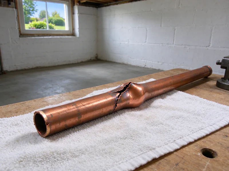 Copper pipe split open and bulged from freezing, lying on a towel on a workbench, in a Columbus house
