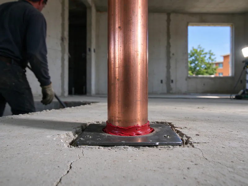 Copper riser rising through a concrete floor slab with red fire-stop sealant and a steel collar around it, in a Columbus house