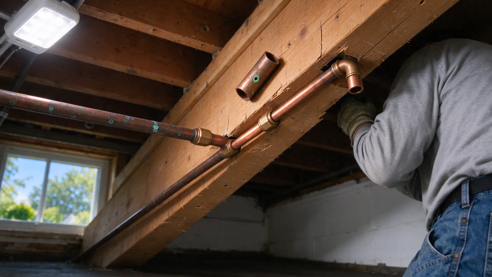 A cut length of copper water pipe with a green-crusted pinhole beside a new soldered coupling on a basement supply line