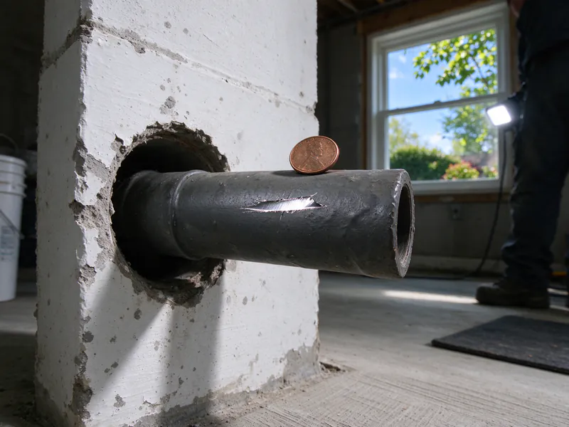 Dark gray lead service pipe coming out of a basement wall with a fresh silver scratch and a coin resting on it, in a Columbus house