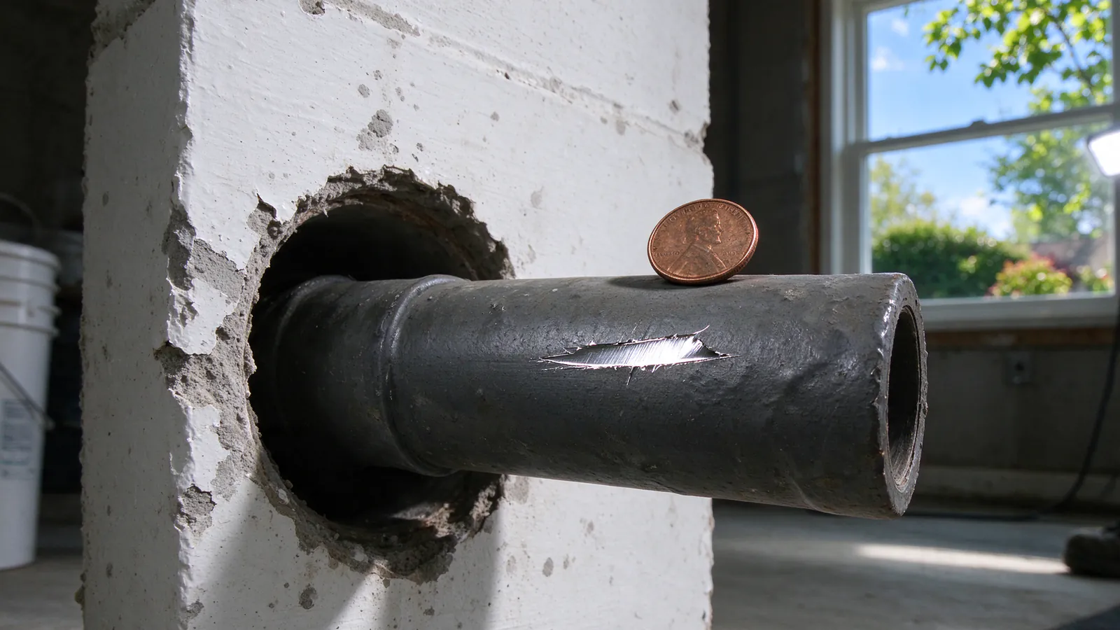 A basement wall where the water service pipe enters beside the inside meter, with a small magnet resting on the pipe and a coin beside it