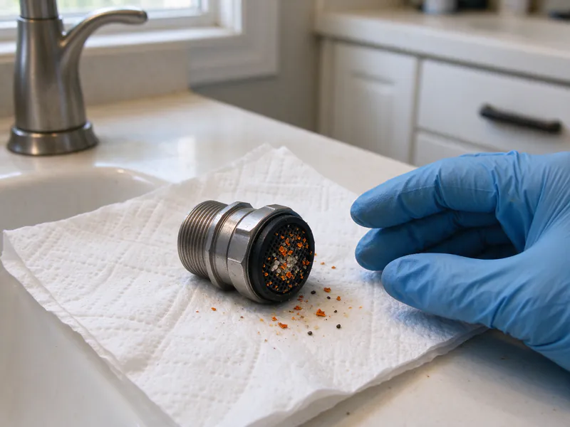 Faucet aerator on a paper towel with its screen clogged by orange rust flakes, in a Columbus house