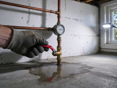 A hand closing a lever-handle main shutoff valve on a copper line beside an inside water meter on a basement wall