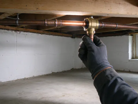 A short new copper section joined into older copper supply pipe with two couplings under a basement joist