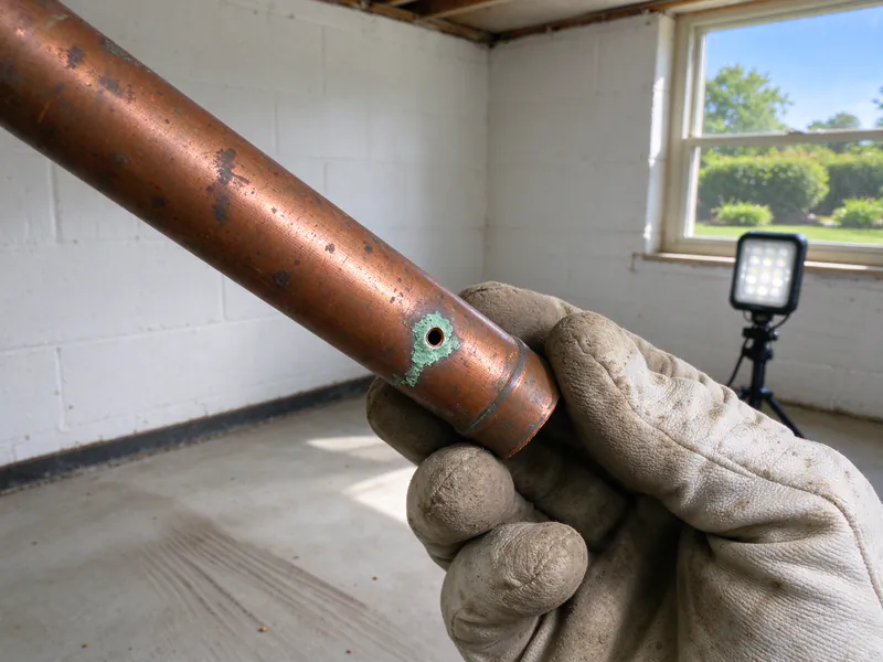 Gloved hand holding a cut piece of copper pipe with a green-crusted pinhole, in a Columbus house