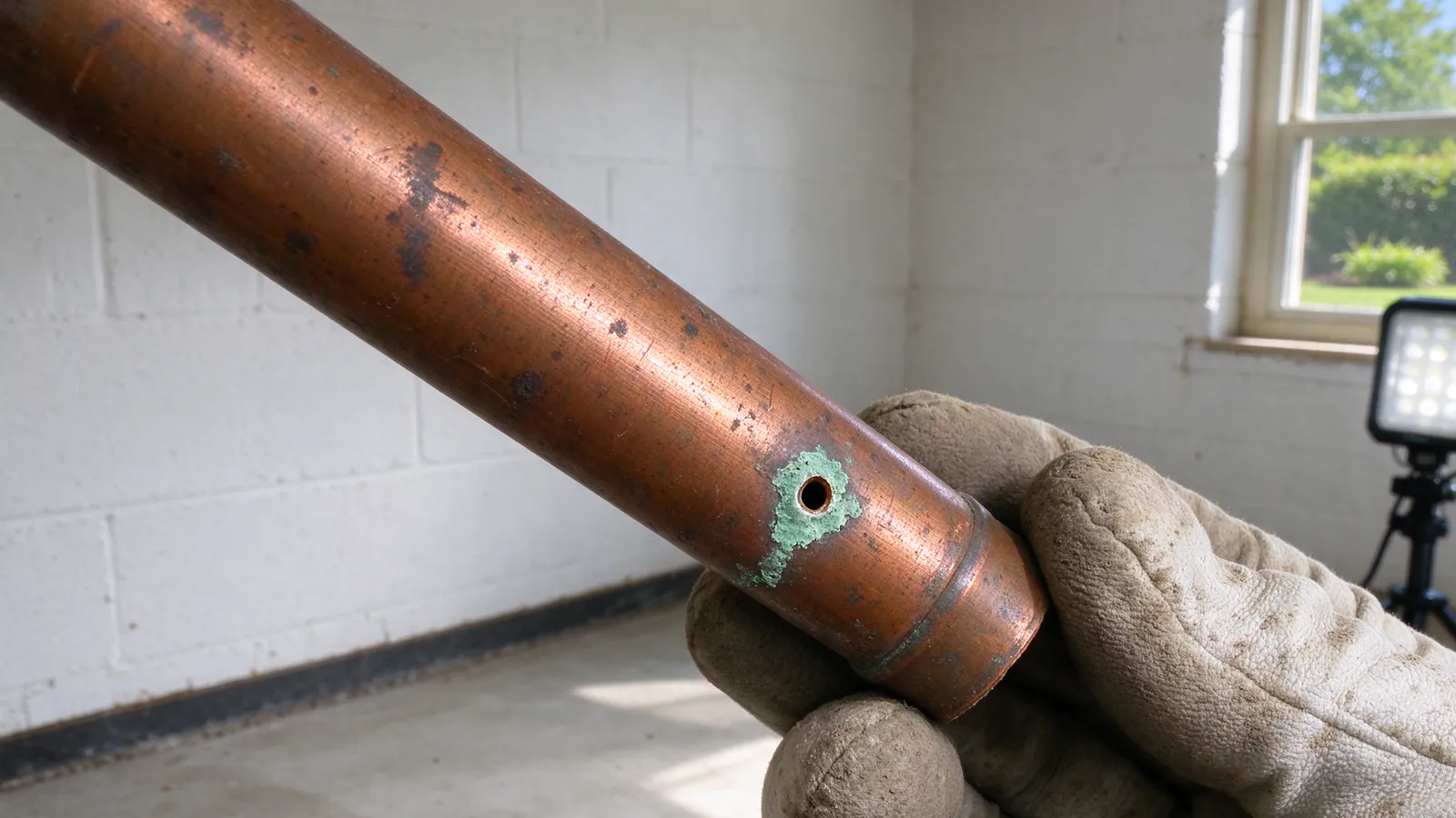 A section of copper pipe on a basement ceiling with a small bead of water at a pinhole and green-blue corrosion spots along its underside