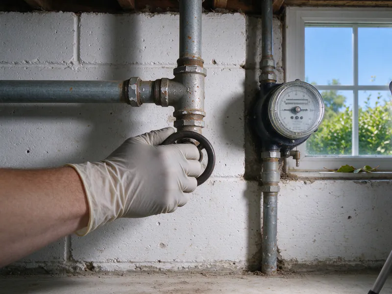 Gloved hand turning the round handle of an old main shutoff valve beside a water meter, in an older Columbus home