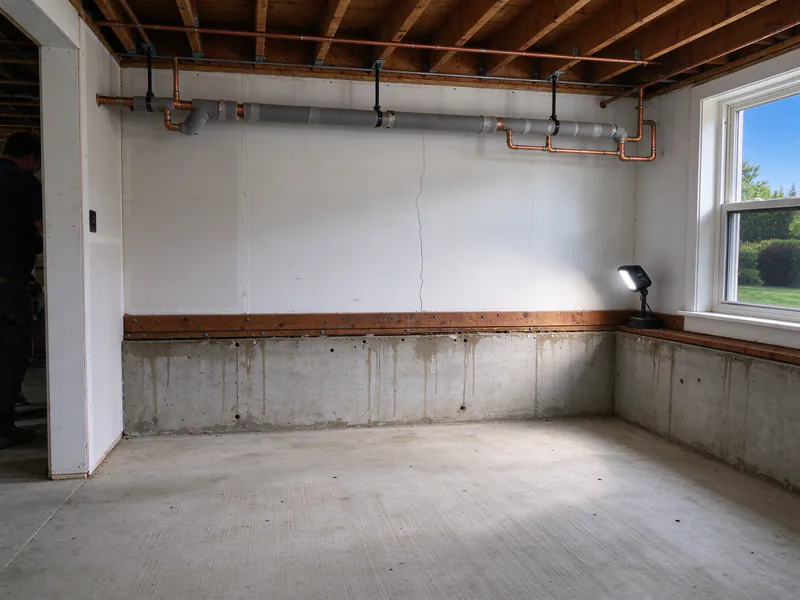 Gray foam insulation on a water line running along the top of a basement wall near the rim joist, in a Columbus house