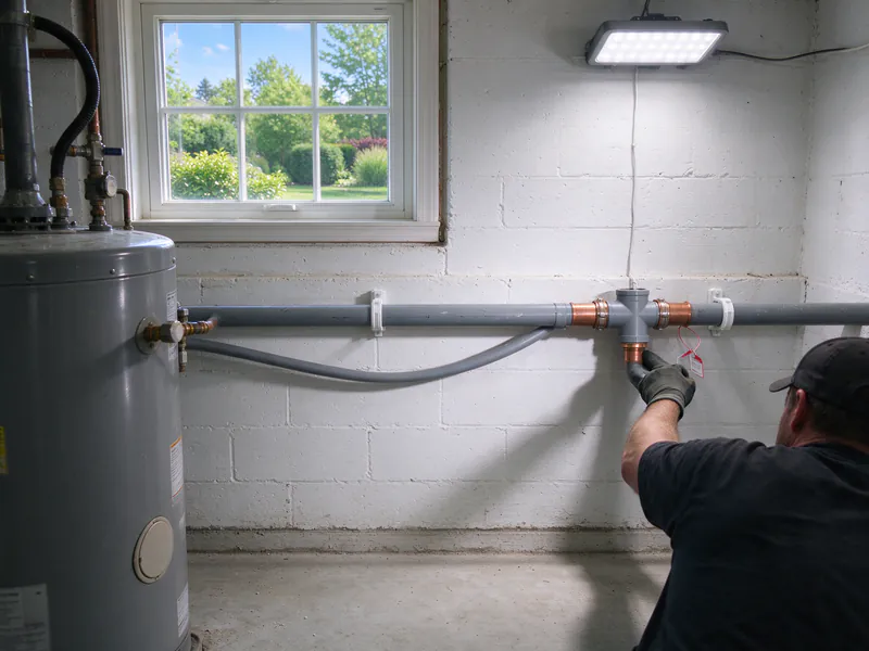 Gray polybutylene tubing with a plastic tee and copper crimp rings on a basement wall beside a water heater, in a Columbus house