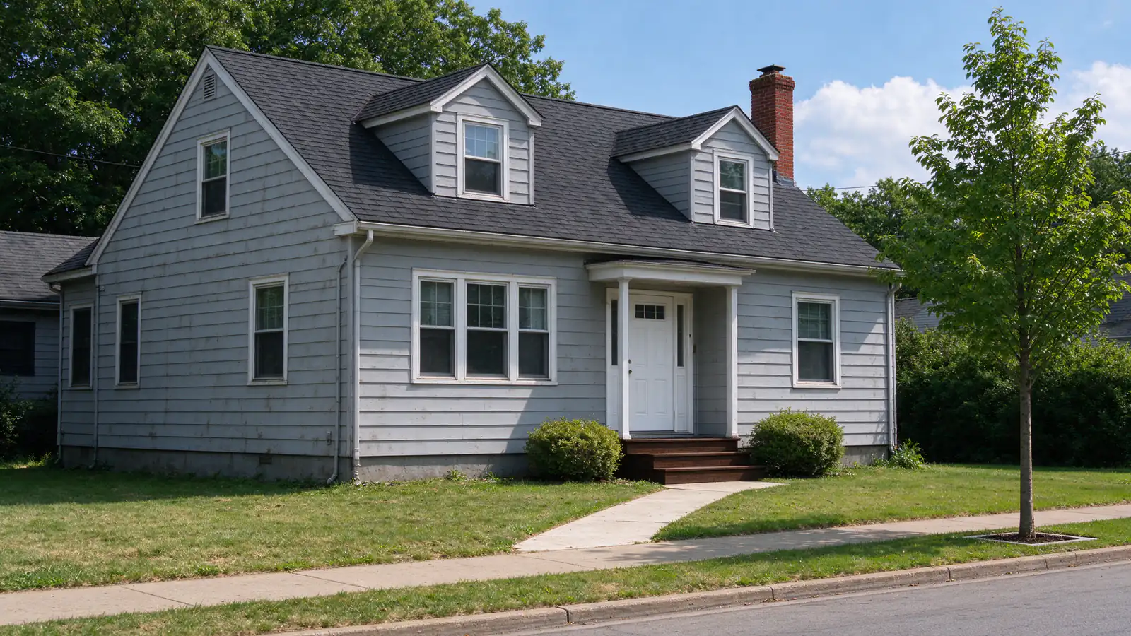 Gray-sided Cape Cod house with two dormers and a brick chimney on a quiet street in Clintonville, Columbus