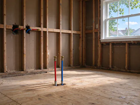 A gutted kitchen with bare studs and subfloor, new PEX supply lines stubbed out through a stud wall where the sink will go