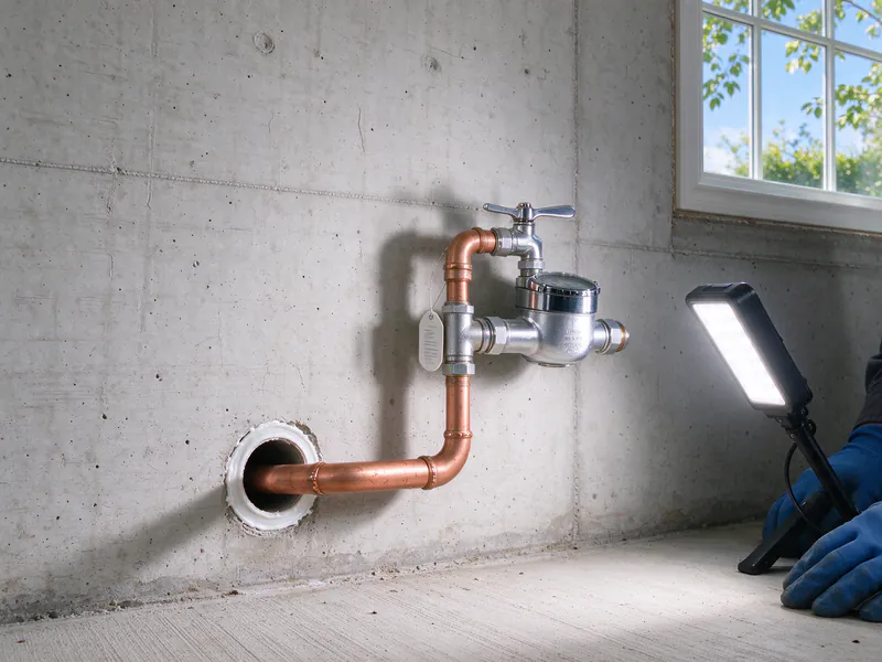 New copper service pipe entering through a sealed hole in a basement wall and connecting to a water meter, in an older Columbus home