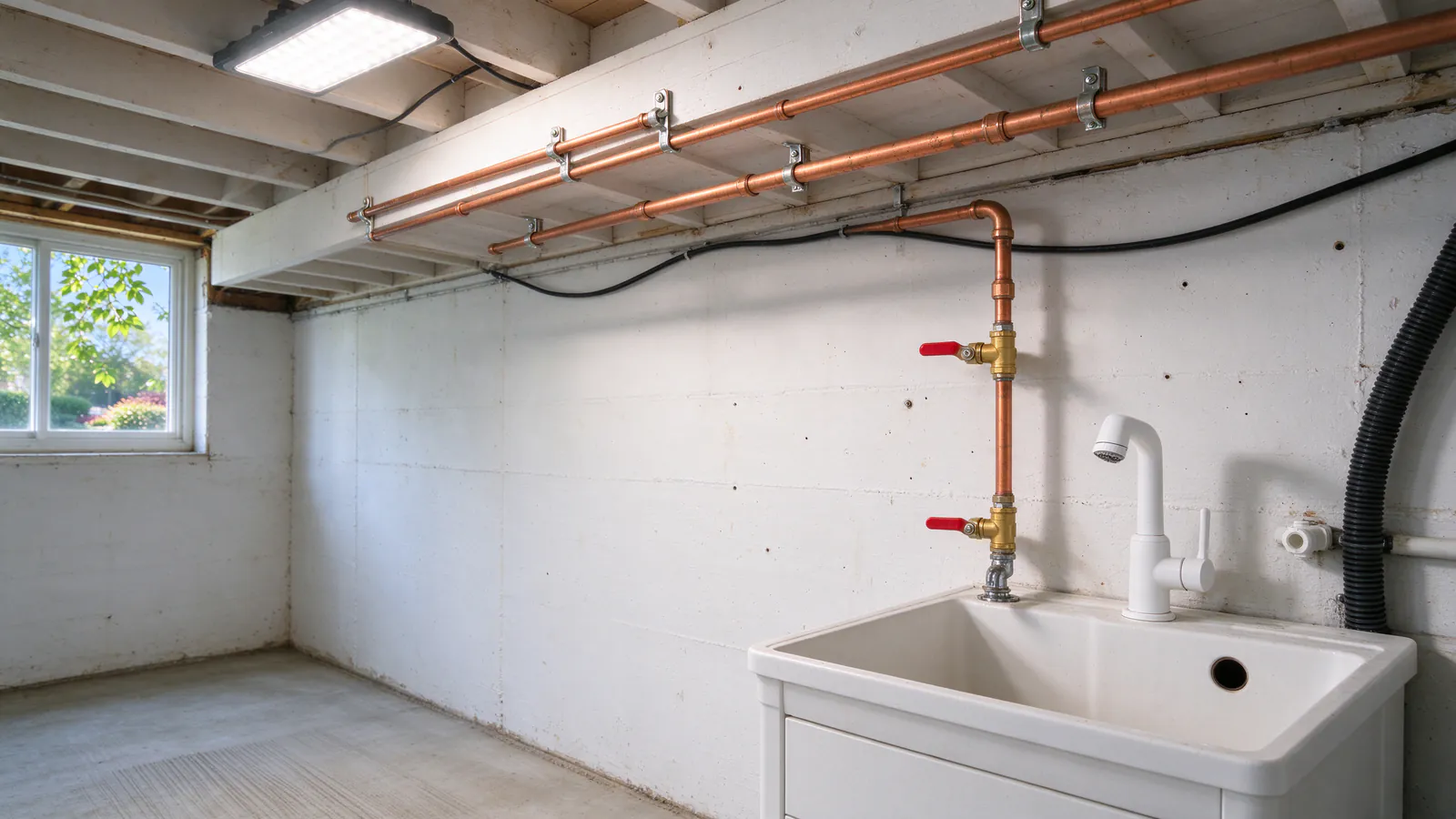 New copper water lines with press fittings and labeled ball valves running along a basement ceiling above a utility sink