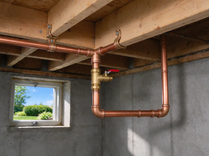 New copper water pipe with press-fit tee and elbow and a red-handled ball valve under basement joists, in a Columbus house