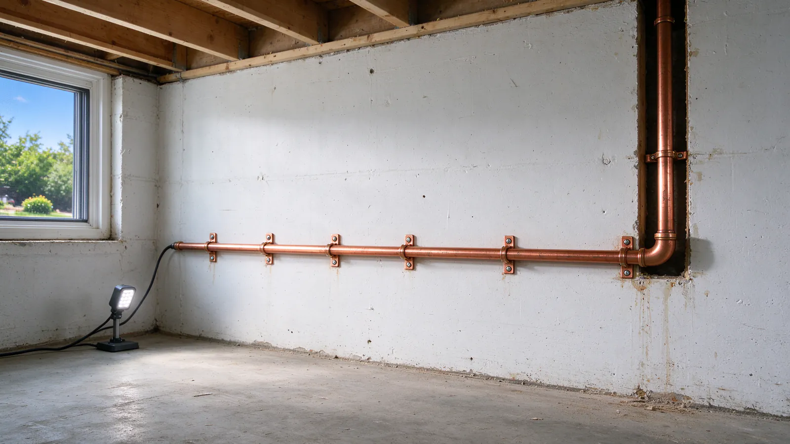 Coils of red and blue PEX tubing, a box of fittings and lengths of copper tube on a basement floor next to an old galvanized main