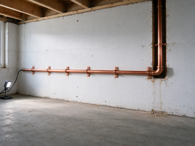 New copper water pipe running along a white basement wall on copper clips and turning up into the joists, in a Franklin County house