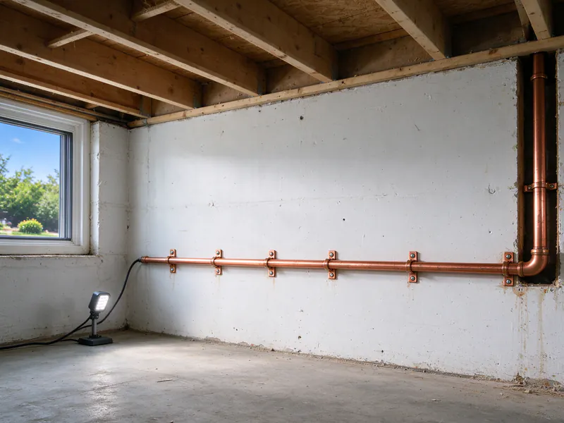 New copper water pipe running along a white basement wall on copper clips and turning up into the joists, in an older Columbus home