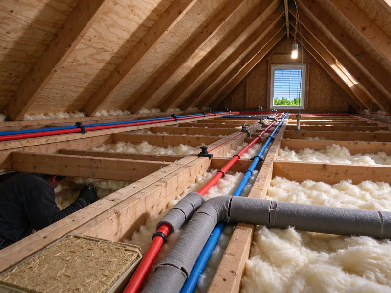 New red and blue PEX lines run along the ceiling joists of a bright attic over loose insulation, in a Columbus house