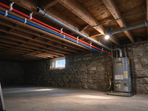 New PEX supply lines running along open basement joists beside a cut-off length of old galvanized pipe in a Columbus basement
