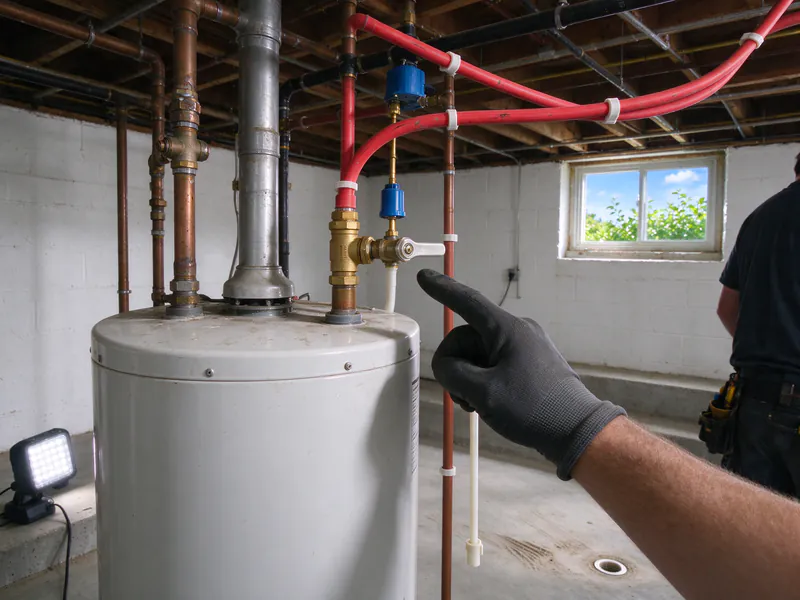 New red PEX hot lines and a shutoff valve leaving the top of a basement water heater, in a Columbus house