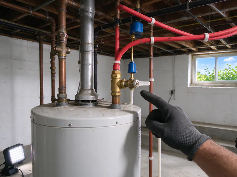 New red PEX hot lines and a shutoff valve leaving the top of a basement water heater, in an older Columbus home
