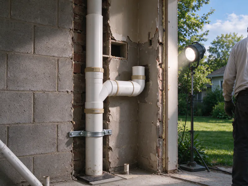New white PVC drain stack with a branch fitting installed in an opened wall, in a Columbus house