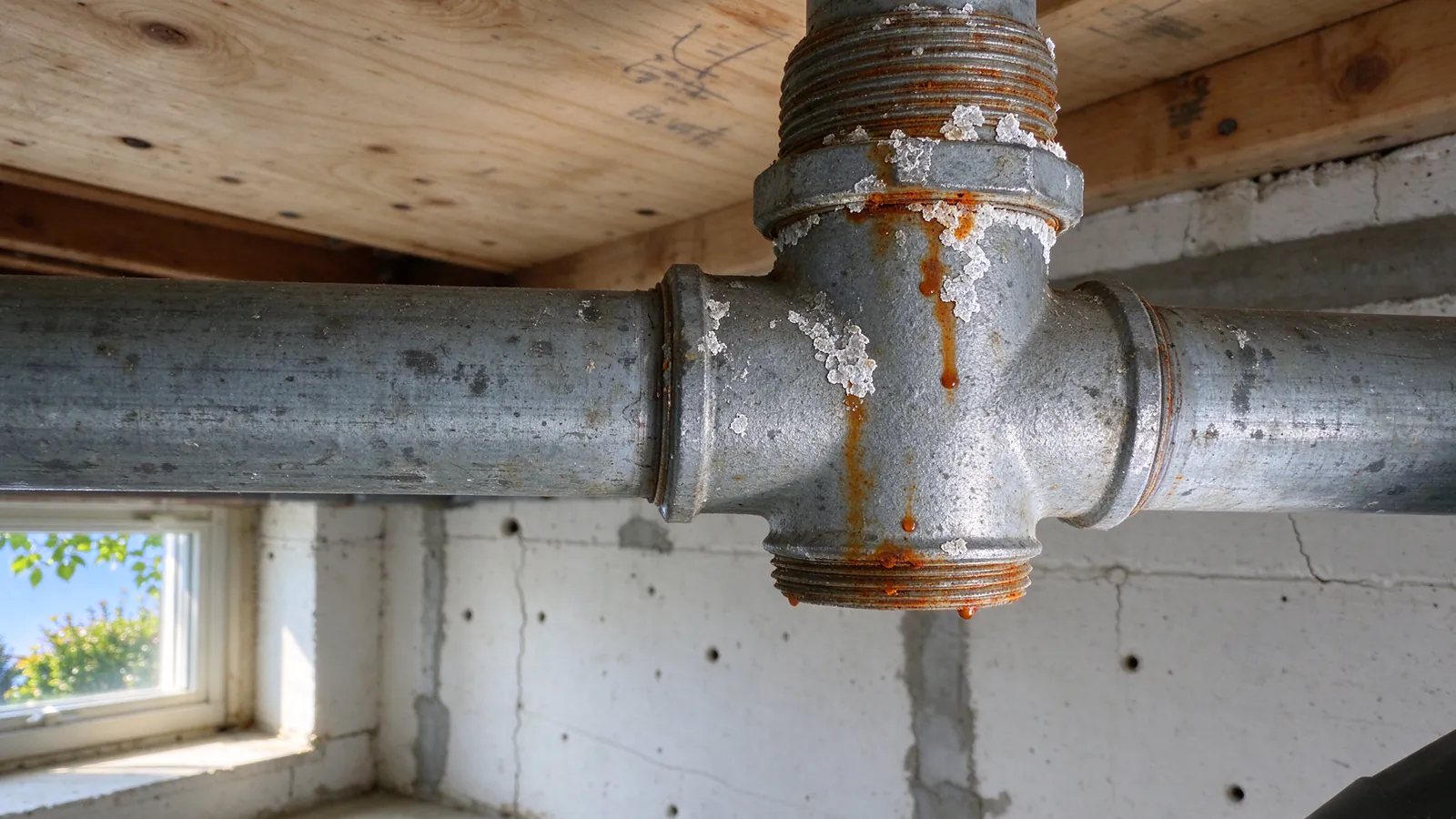 A cut section of old galvanized steel water pipe showing rust-brown scale narrowing the inside, held next to a length of clean new pipe