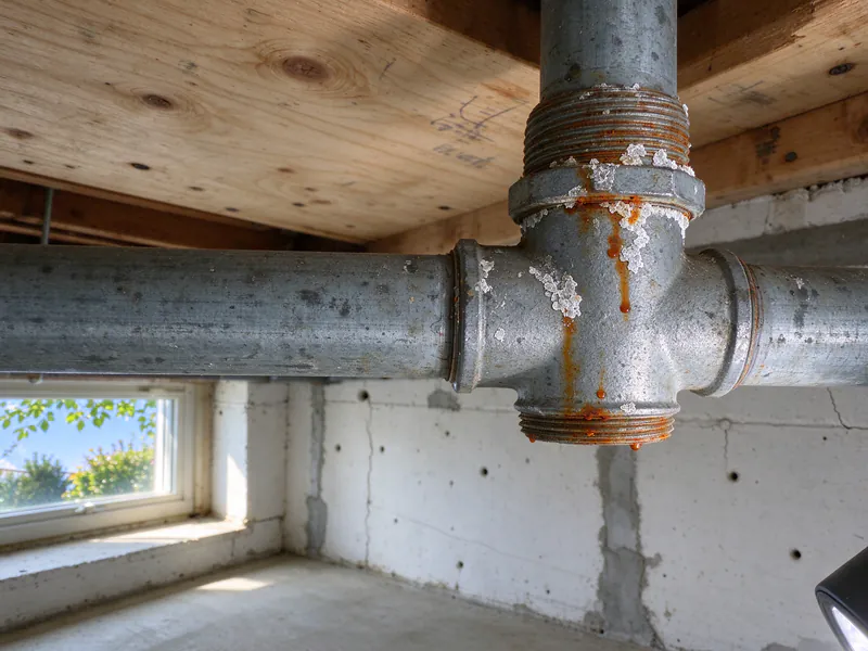 Old galvanized water pipe tee in a basement ceiling with rust and white mineral crust at its threaded joints, in an older Columbus home