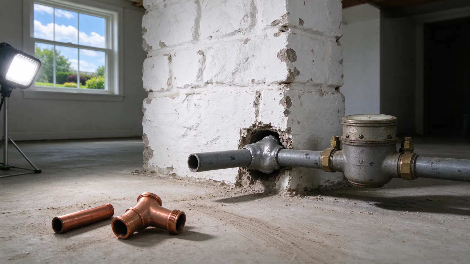 A dull gray lead service pipe with a bulbous wiped joint coming through a basement wall beside a water meter, next to a short length of new copper