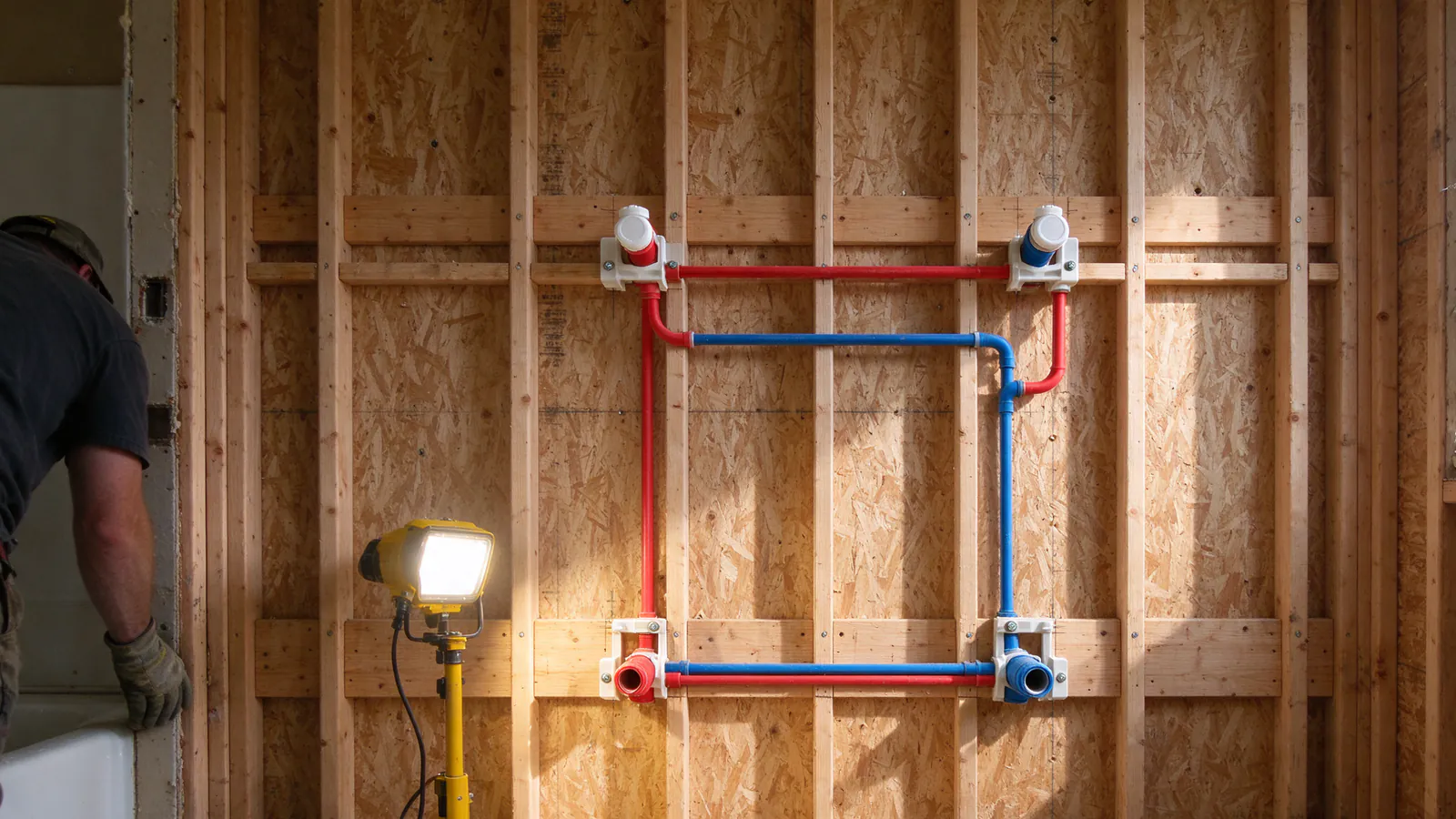Plumbing permit card in a plastic sleeve taped to a basement post beside newly installed PEX lines and a pressure test gauge