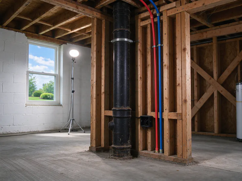 Open chase beside a black cast iron drain stack in a basement, with new red and blue PEX lines rising beside it, in a Columbus house