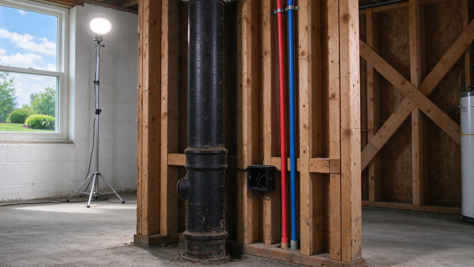 An open bathroom wet wall showing thin new red and blue PEX supply lines beside a wide black cast iron drain stack