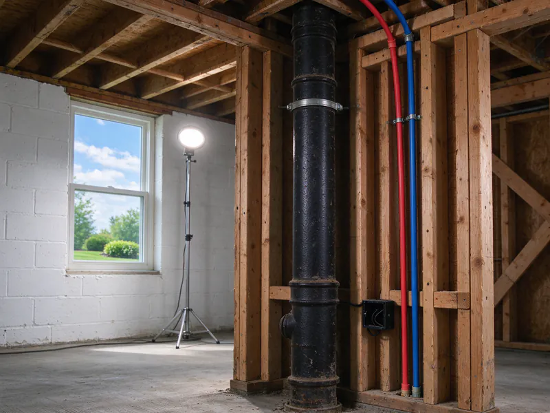 Open chase beside a black cast iron drain stack in a basement, with new red and blue PEX lines rising beside it, in an older Columbus home